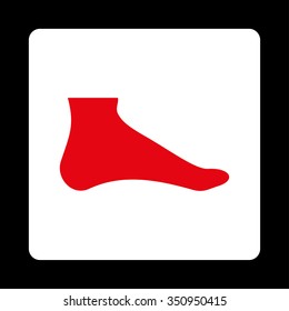 Foot vector icon. Style is flat rounded square button, red and white colors, black background.