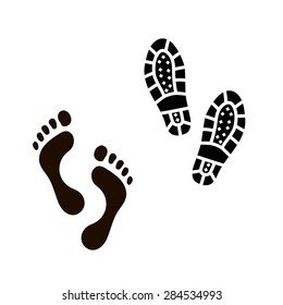 Foot vector silhouette and footprint  isolated on white background