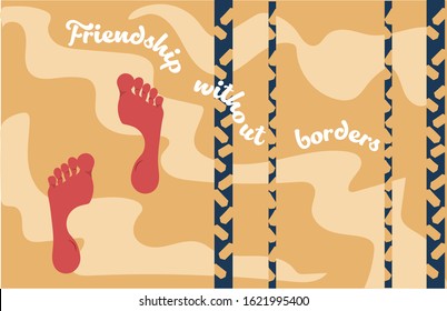 Foot and wheelchair prints on a sand with title friendship without borders. Vector illustration