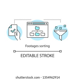 Footage sorting concept icon. Data storage idea thin line illustration. Media files backup. Folders copying. Data synchronization. Website map. Vector isolated outline drawing. Editable stroke