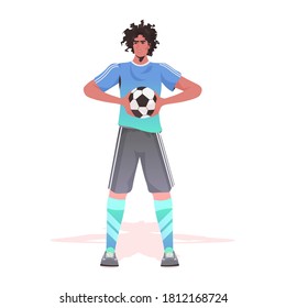 footbal player standing with ball man ready to start the match full length vector illustration