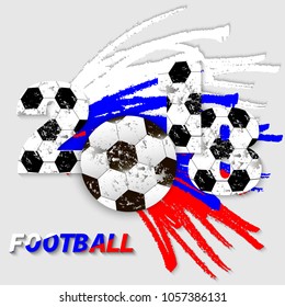 Football 2018 abstract banner or background with ball and Russian flag. 3d Vector illustration.