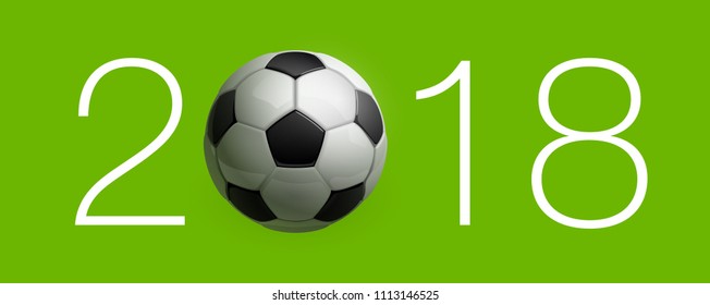 Football 2018 championship Design banner. Illustration banner with 2018 logo Realistic soccer ball Isolated on green background. black and white classic leather football ball