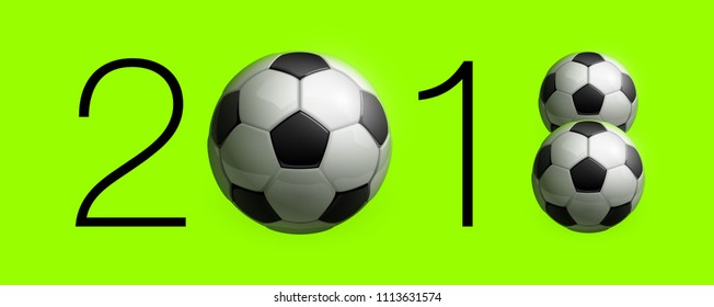 Football 2018 championship Design banner. Illustration banner with 2018 logo Realistic soccer ball Isolated on green background. black and white classic leather football ball
