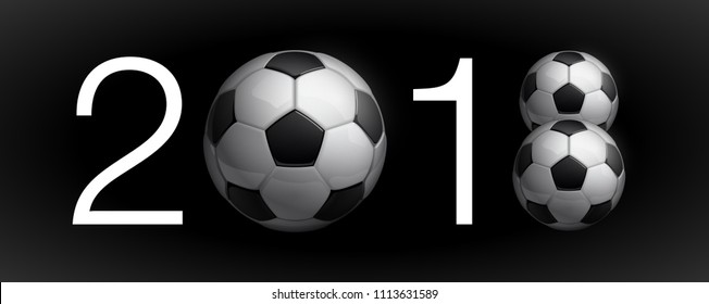 Football 2018 championship Design banner. Illustration banner with 2018 logo Realistic soccer ball Isolated on black background. black and white classic leather football ball