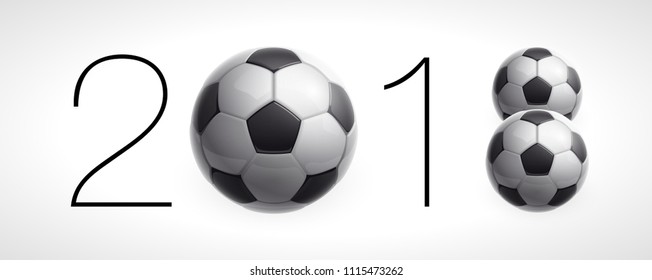 Football 2018 championship Design banner. Illustration banner with 2018 logo Realistic soccer ball Isolated on white background. black and white classic leather football ball