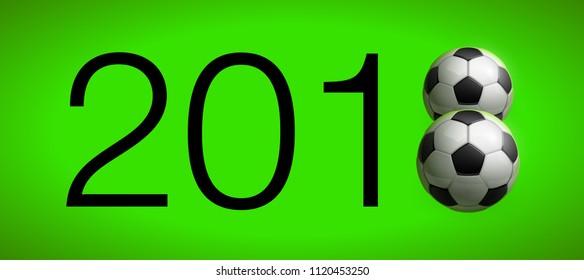 Football 2018 championship Design banner. Illustration banner with 2018 logo Realistic soccer ball Isolated on green background. black and white classic leather football ball