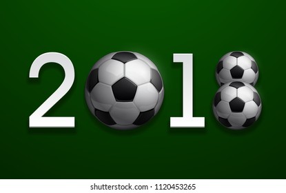 Football 2018 championship Design banner. Illustration banner with 2018 logo Realistic soccer ball Isolated on green background. black and white classic leather football ball