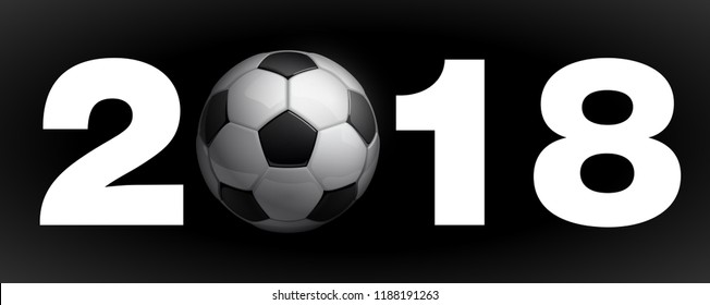 Football 2018 championship Design banner. Illustration banner with 2018 logo Realistic soccer ball Isolated on black background. black and white classic leather football ball