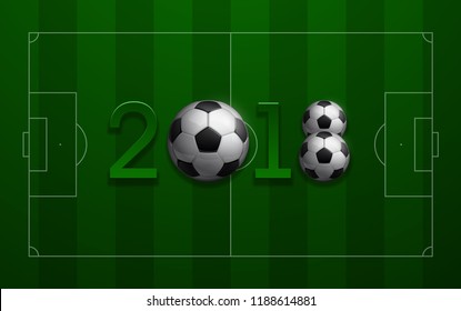 Football 2018 championship Design banner. Illustration banner with 2018 logo Realistic soccer ball Isolated on green background. black and white classic leather football ball