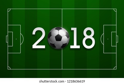 Football 2018 championship Design banner. Illustration banner with 2018 logo Realistic soccer ball Isolated on green background. black and white classic leather football ball