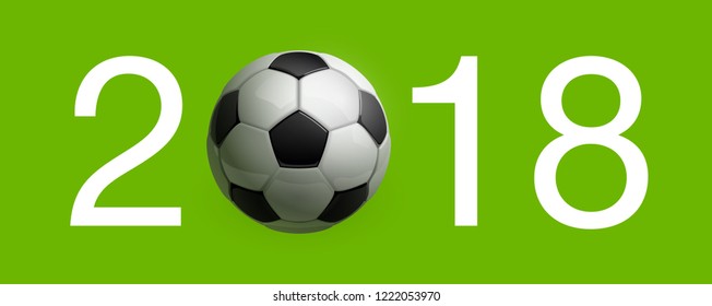 Football 2018 championship Design banner. Illustration banner with 2018 logo Realistic soccer ball Isolated on green background. black and white classic leather football ball