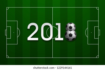 Football 2018 championship Design banner. Illustration banner with 2018 logo Realistic soccer ball Isolated on green background. black and white classic leather football ball