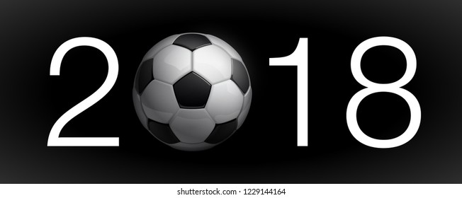 Football 2018 championship Design banner. Illustration banner with 2018 logo Realistic soccer ball Isolated on black background. black and white classic leather football ball
