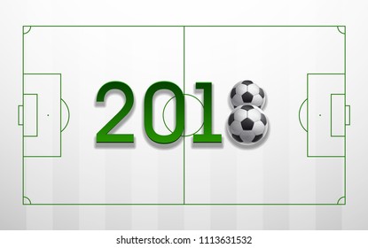 Football 2018 championship green Design banner. Illustration banner with 2018 green logo Realistic soccer ball Isolated on white background. black and white classic leather football ball