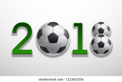 Football 2018 championship green Design banner. Illustration banner with 2018 green logo Realistic soccer ball Isolated on white background. black and white classic leather football ball