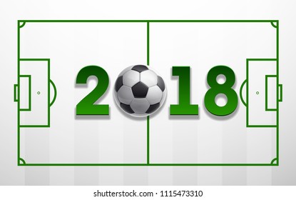 Football 2018 championship green Design banner. Illustration banner with 2018 green logo Realistic soccer ball Isolated on white background. black and white classic leather football ball