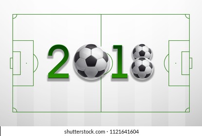 Football 2018 championship green Design banner. Illustration banner with 2018 green logo Realistic soccer ball Isolated on white background. black and white classic leather football ball