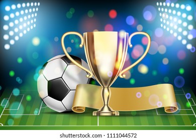 Football 2018 championship. Soccer ball, arena stadium, golden cup and yellow flag. Illustration Vector