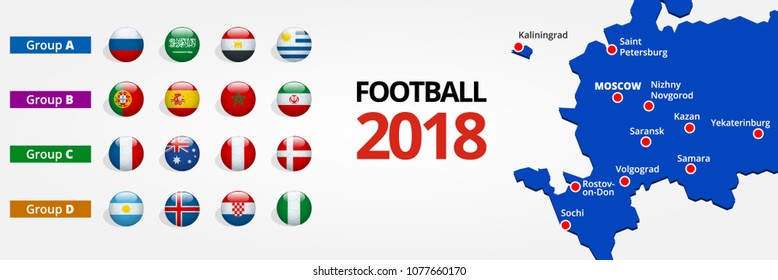 Football 2018, Europe Qualification, all Groups and map with Russian the host cities. Vector illustration