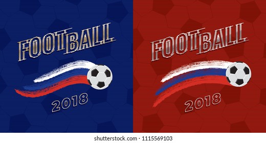 Football 2018 Logos Lettering Set with Flying Down Game Ball and Colored Paint Brush Trace - Blue Gold Red Silver and White on Soccer Ball Texture Background - Vector Gradient Graphic Design