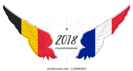 Football 2018. Match Belgium vs France. Abstract Wing with France and Belgium flag colors and symbols.