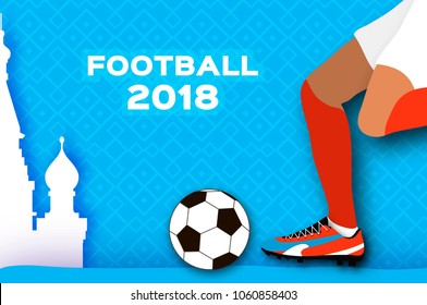 Football 2018 in paper cut style. Origami world championship on blue. Football cup. Soccer boots. Sport. Russian architecture. Vector.