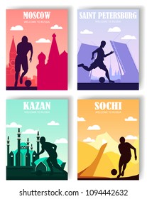 football 2018. Russia.Russia. Kazan, Saint Petersburg, Moscow,Sochi postcard, banner.welcome to Russia. flat illustration with city and football player.