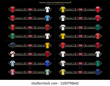 Football 2018 World championship cup, National team soccer jersey uniforms group set and Scoreboard match vs strategy broadcast graphic template, For presentation score or game results (Vector Eps10)