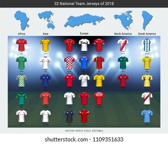 Football 2018 World championship cup, National team soccer jersey uniforms with continents map, Sport T-Shirt MockUp for presentation match score or game results of sport tournament (Vector Eps10)