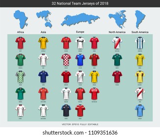 Football 2018 World championship cup, National team soccer jersey uniforms with continents map, Sport T-Shirt MockUp for presentation match score or game results of sport tournament (Vector Eps10)