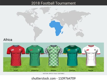 Football 2018 World championship cup, National team soccer jersey uniforms of Africa, Sport T-Shirt MockUp for your presentation match score or game results of tournament in Russian.