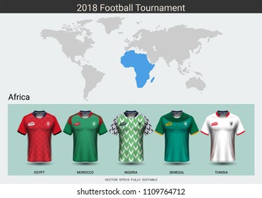 Football 2018 World championship cup, National team soccer jersey uniforms of Africa, Sport T-Shirt MockUp for your presentation match score or game results of tournament in Russian.