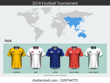 Football 2018 World championship cup, National team soccer jersey uniforms of Asia, Sport T-Shirt MockUp for your presentation match score or game results of tournament in Russian.