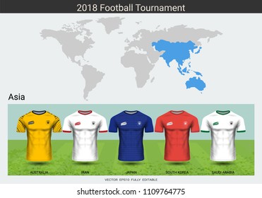 Football 2018 World championship cup, National team soccer jersey uniforms of Asia, Sport T-Shirt MockUp for your presentation match score or game results of tournament in Russian .