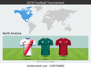 Football 2018 World championship cup, National team soccer jersey uniforms of North America, Sport T-Shirt MockUp for your presentation match score or game results of tournament in Russian.