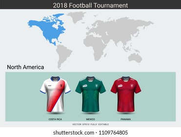 Football 2018 World championship cup, National team soccer jersey uniforms of North America, Sport T-Shirt MockUp for your presentation match score or game results of tournament in Russian.