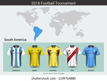 Football 2018 World championship cup, National team soccer jersey uniforms of South America, Sport T-Shirt MockUp for your presentation match score or game results of tournament in Russian.