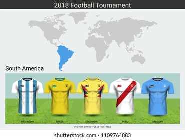 Football 2018 World championship cup, National team soccer jersey uniforms of South America, Sport T-Shirt MockUp for your presentation match score or game results of tournament in Russian.