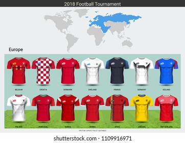 Football 2018 World championship cup, National team soccer jersey uniforms of Europe, Sport T-Shirt MockUp for your presentation match score or game results of tournament in Russian.