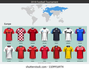 Football 2018 World championship cup, National team soccer jersey uniforms of Europe, Sport T-Shirt MockUp for your presentation match score or game results of tournament in Russian.