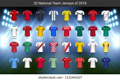 Football 2018 World championship cup, National team soccer jersey uniforms group set, Sport T-Shirt MockUp for your presentation match score or game results of tournament in Russian (Vector Eps10)