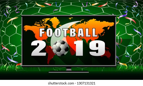 Football 2019 banner. Screen TV, Ball flying into the net gate, front view, image of the continents of the world in the background. Vector Illustration