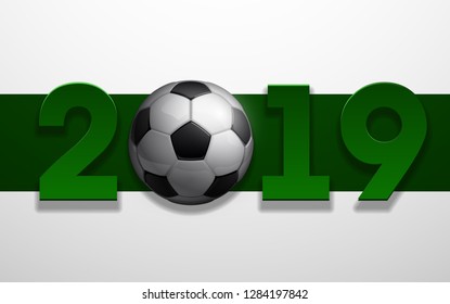 Football 2019 championship Design banner. Illustration banner with 2019 logo Realistic soccer ball Isolated on background. black and white classic leather football ball