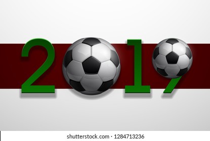 Football 2019 championship Design banner. Illustration banner with 2019 logo Realistic soccer ball Isolated on background. black and white classic leather football ball
