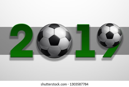 Football 2019 championship Design banner. Illustration banner with 2019 logo Realistic soccer ball Isolated on white background. black and white classic leather football ball