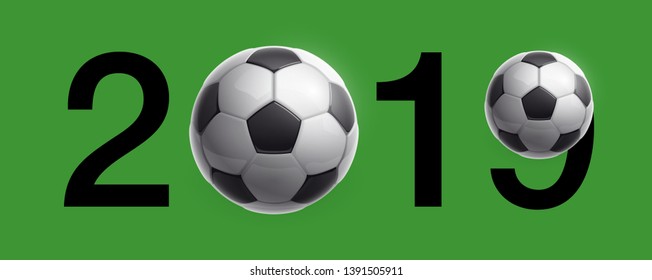 Football 2019 championship Design banner. Illustration banner with 2019 logo Realistic soccer ball Isolated on green background. black and white classic leather football ball