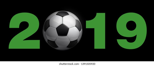 Football 2019 championship Design banner. Illustration banner with 2019 logo Realistic soccer ball Isolated on black background. black and white classic leather football ball