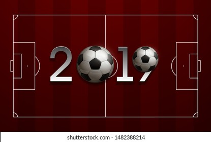 Football 2019 championship Design banner. Illustration banner with 2019 logo Realistic soccer ball Isolated on red background. black and white classic leather football 