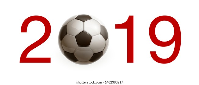 Football 2019 championship Design banner. Illustration banner with 2019 logo Realistic soccer ball Isolated on white background. black and white classic leather football